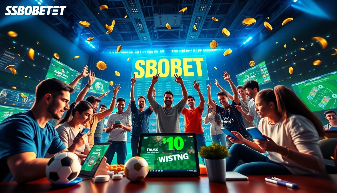 SBOBET.dance interactive sports betting scene featuring diverse players celebrating wins and engaging with digital devices.