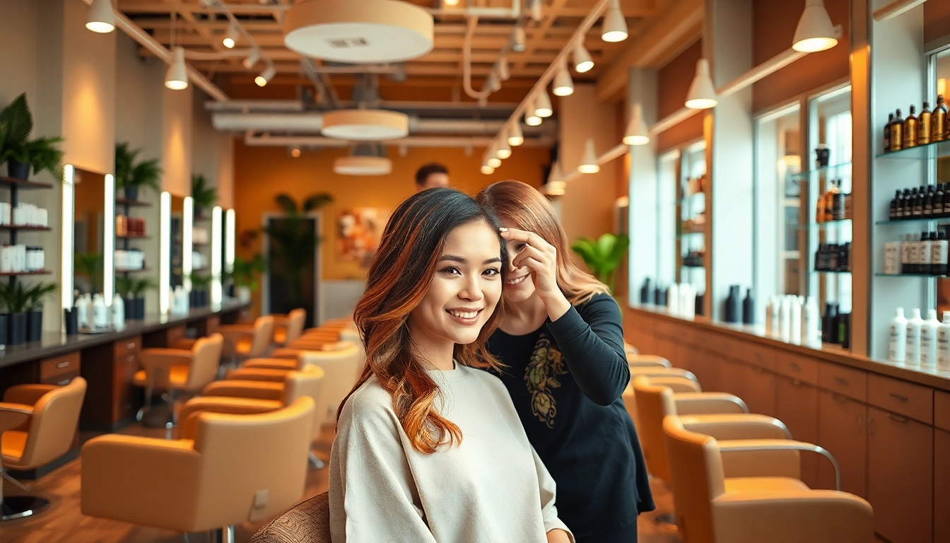 A stunning scene at an Addendum salon showcasing a stylist performing a precision haircut with vibrant hair color highlights.