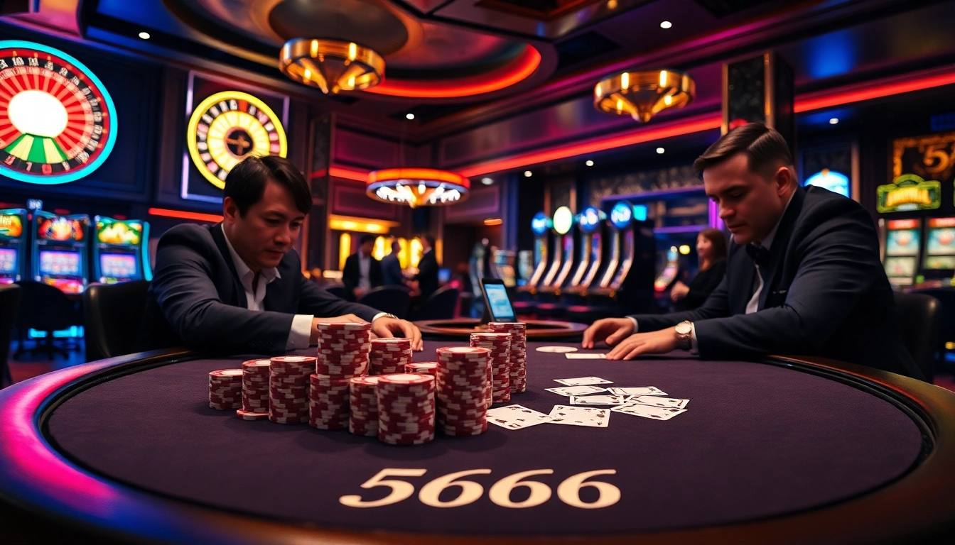 A thrilling casino experience at s666 with professional poker players and vibrant gaming tables filled with chips and cards.