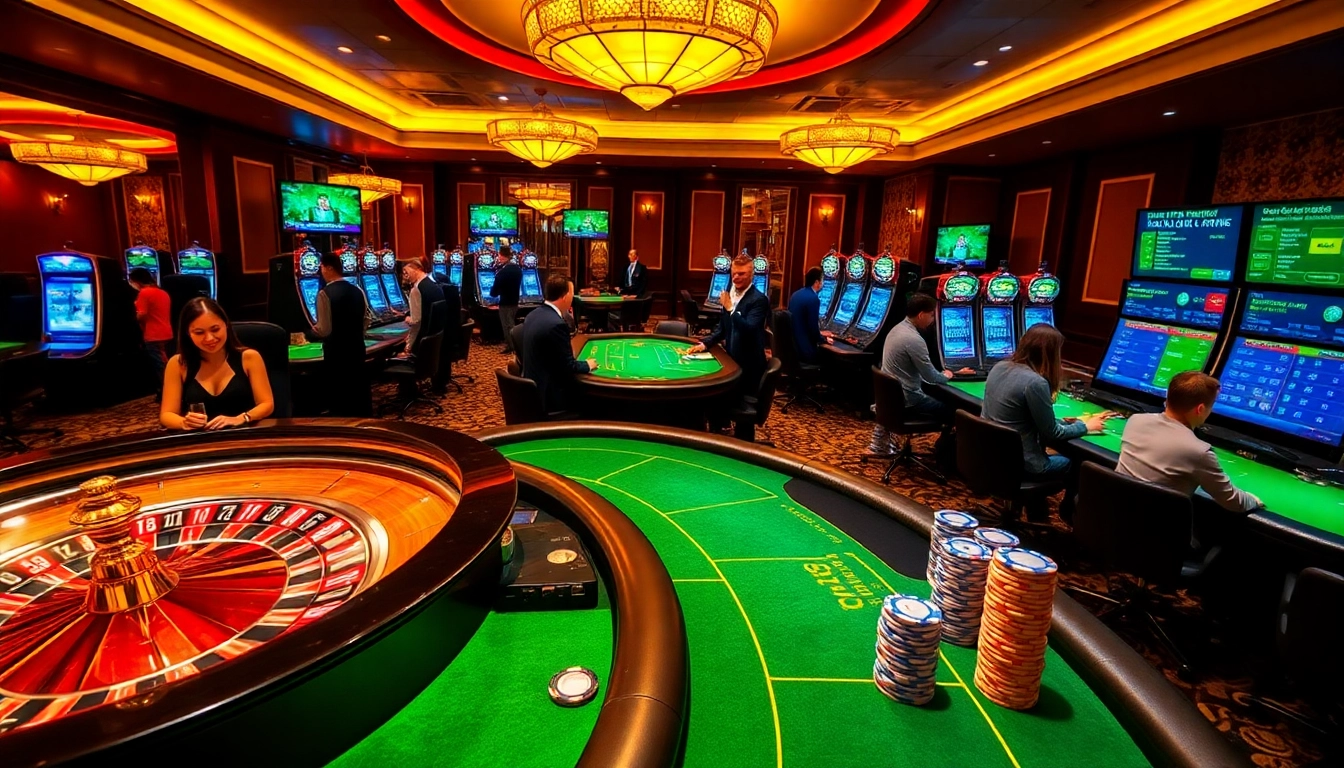 A lively casino scene with poker tables and vibrant elements representing 69vn.gb.net, showcasing excitement in gambling.