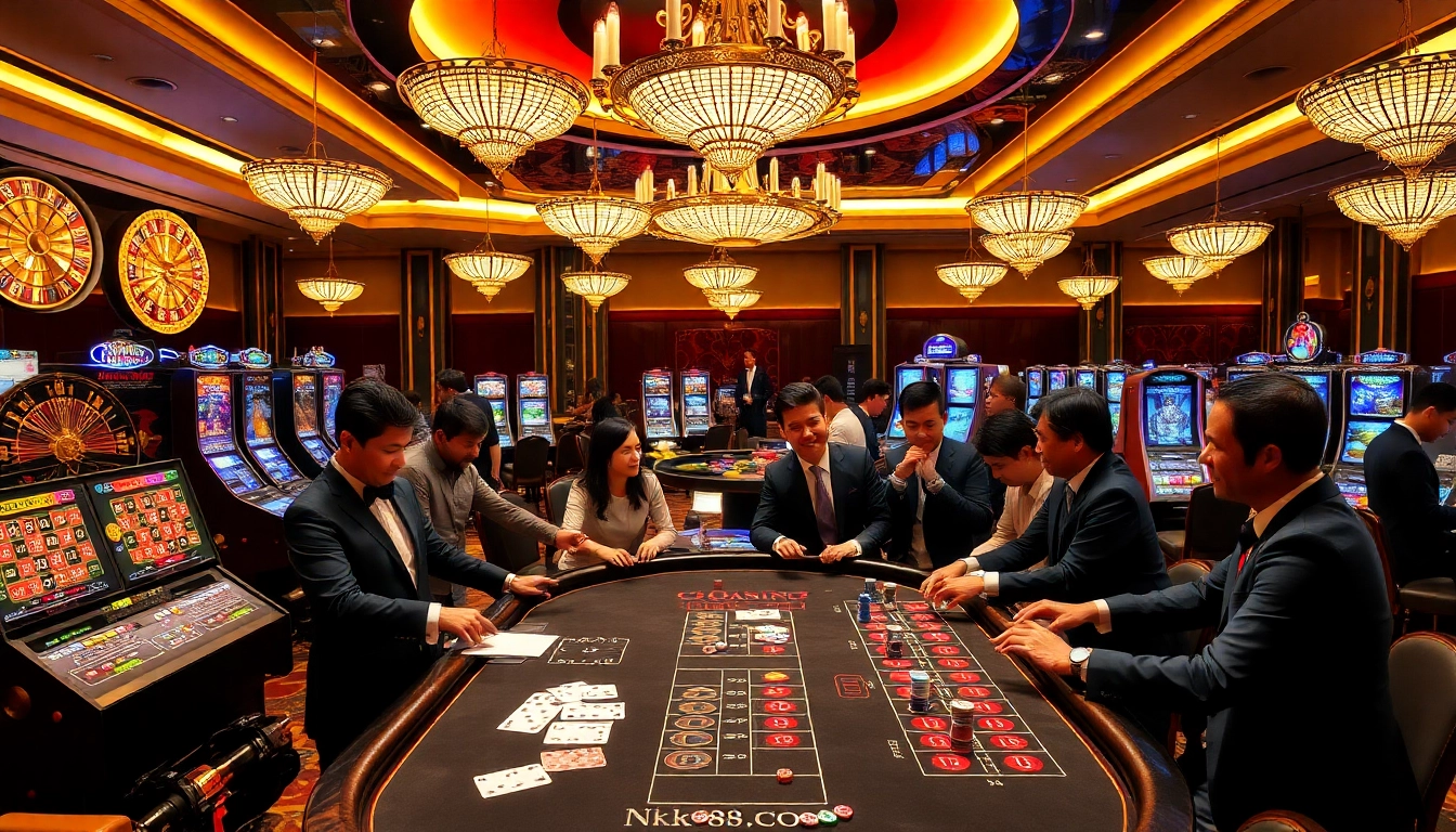 Exciting gaming scene at NK88.com featuring poker chips, dealers, and vibrant casino atmosphere.