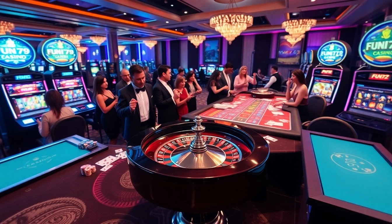 Experience the thrill of fun79 casino with an elegant roulette scene in a vibrant gaming atmosphere.